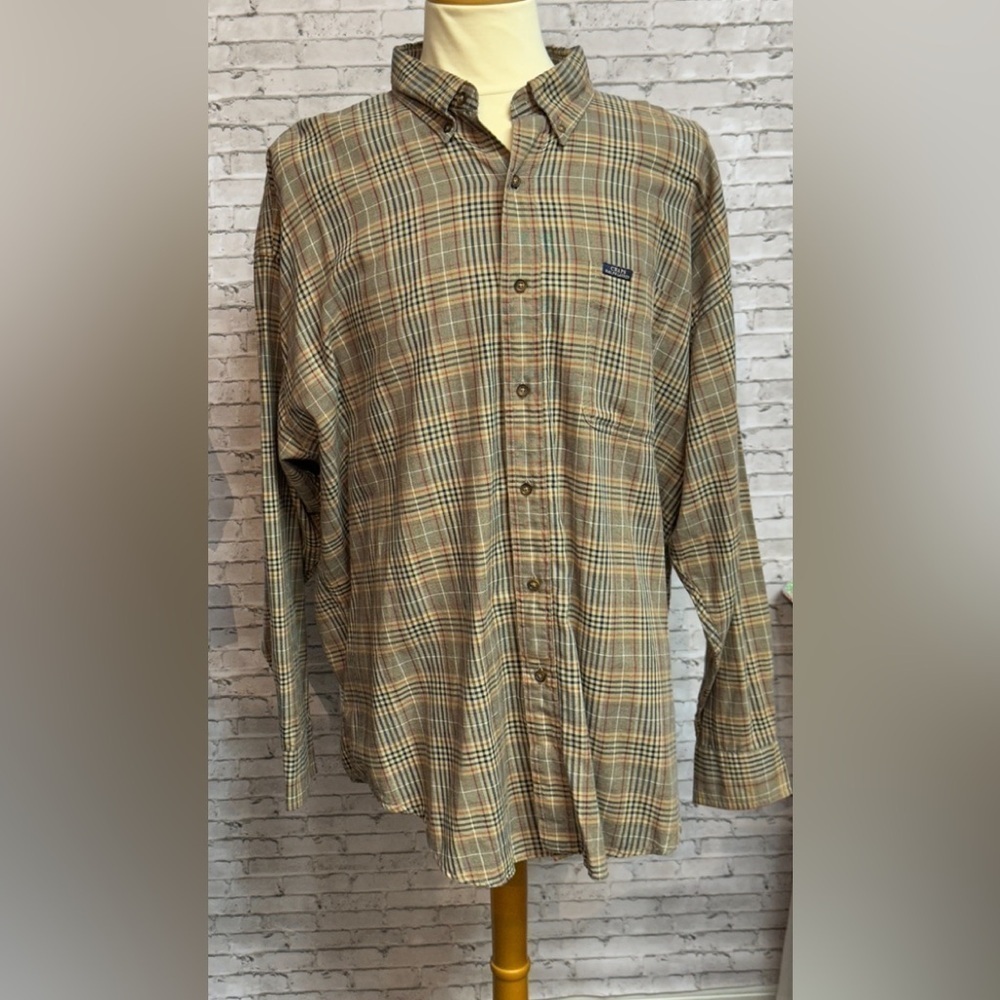 CHAPS Ralph Lauren Men's XXL Cotton Button Down Plaid Pocket Shirt Tan Blue Red